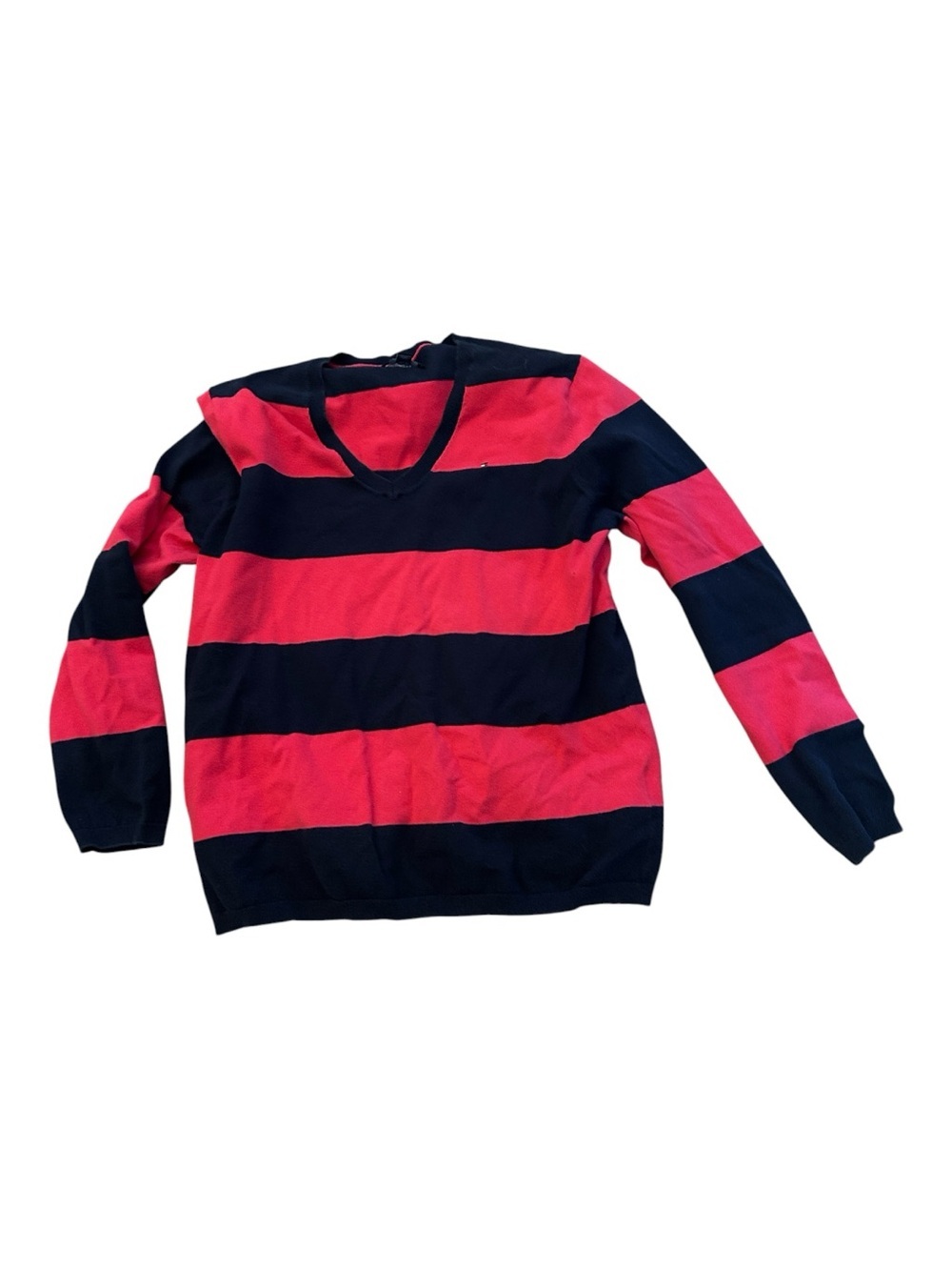 Tommy Hilfiger bold red blue stripe lightweight v neck cotton blend sweater xl